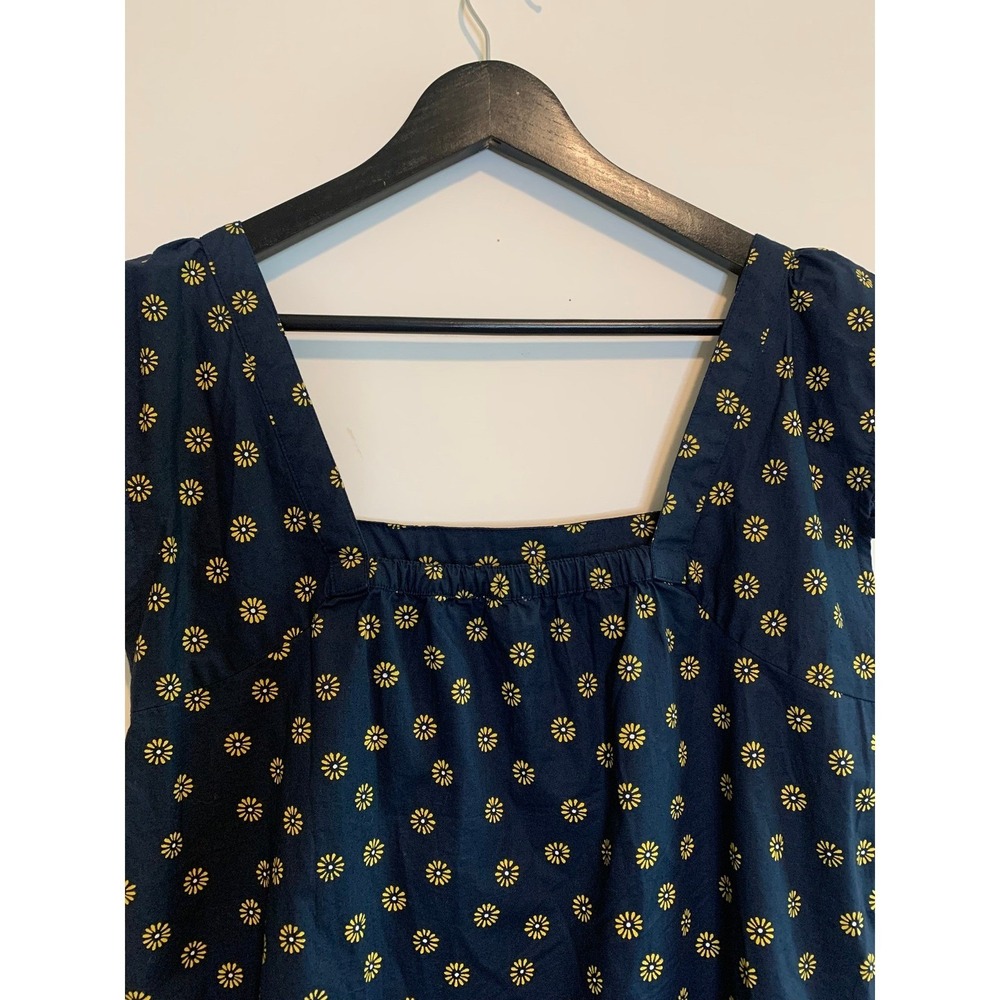 J.Crew Women Cotton Navy Blue Daisy Floral Pom Pom Trim Square Neck Top 4 - Picture 3 of 9